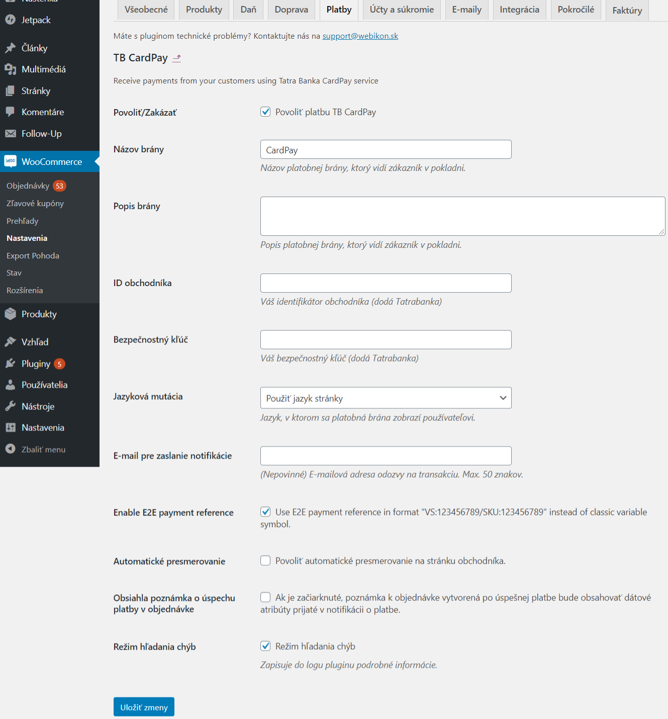 TB CardPay plugin - nastavenia