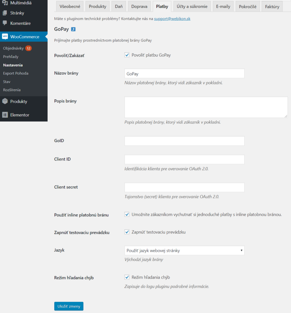 GoPay plugin - nastavenia