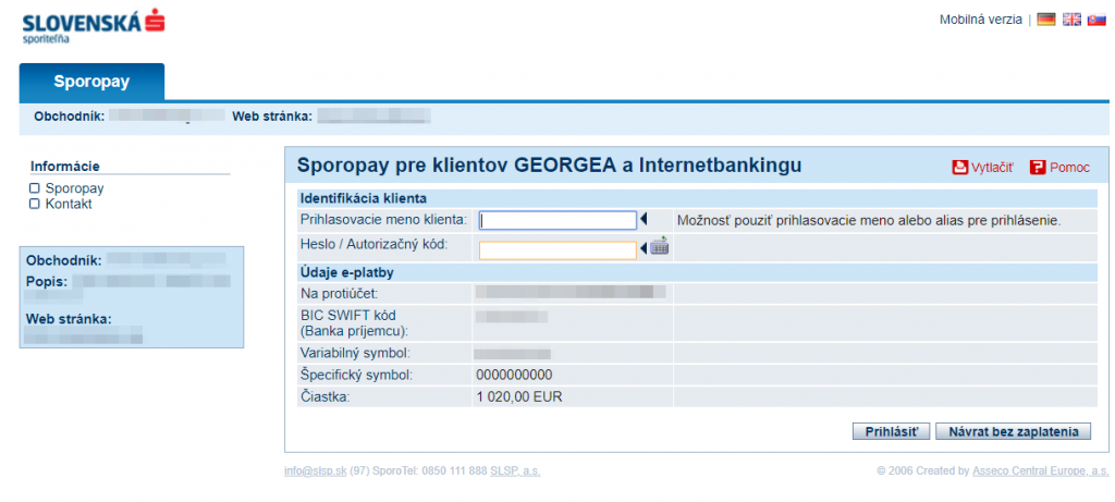 Sporopay plugin - rozhranie banky