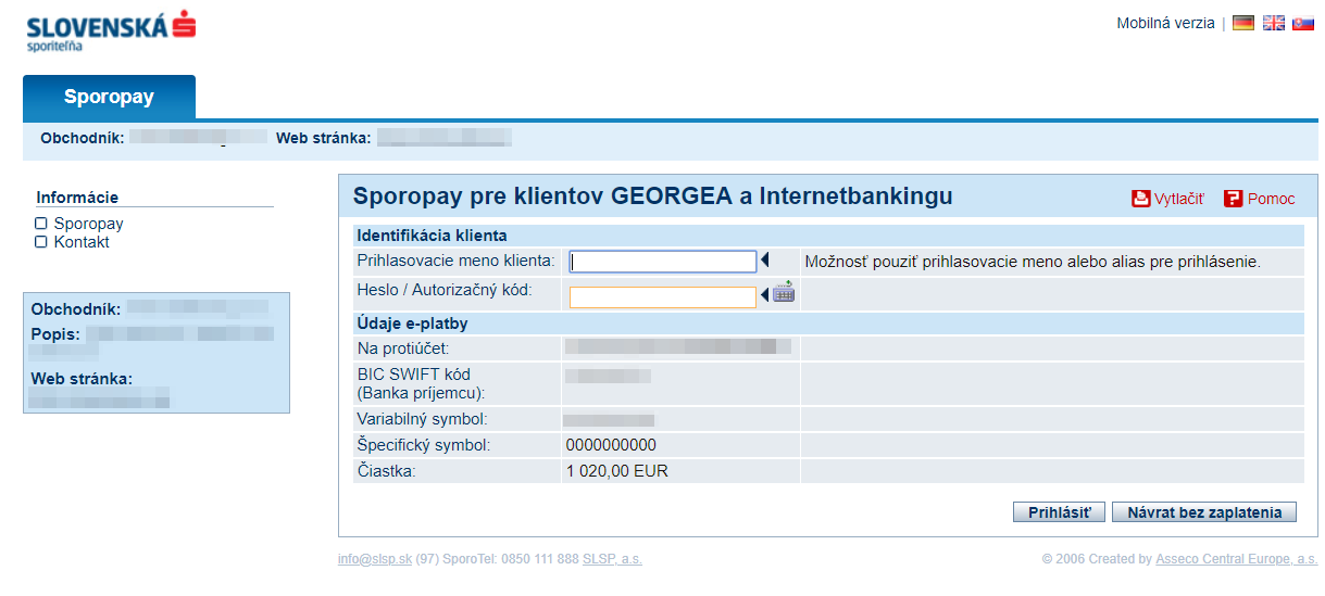 Sporopay plugin - rozhranie banky