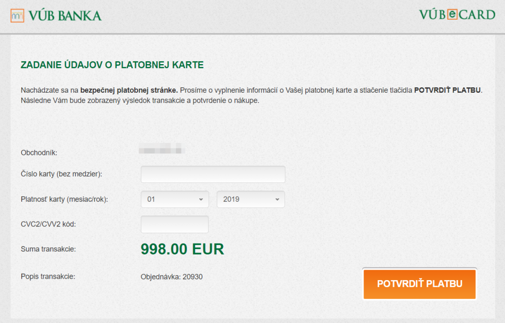 VÚB eCard plugin - rozhranie banky