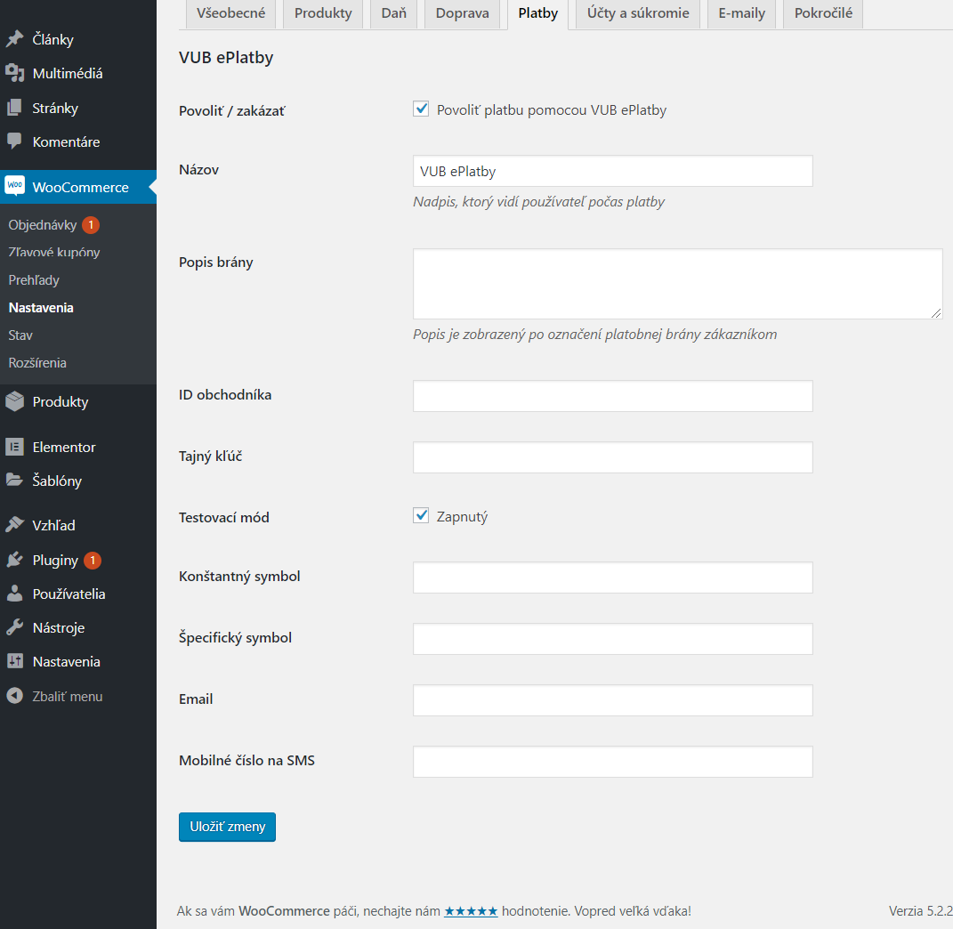 VÚB ePlatby plugin - nastavenia