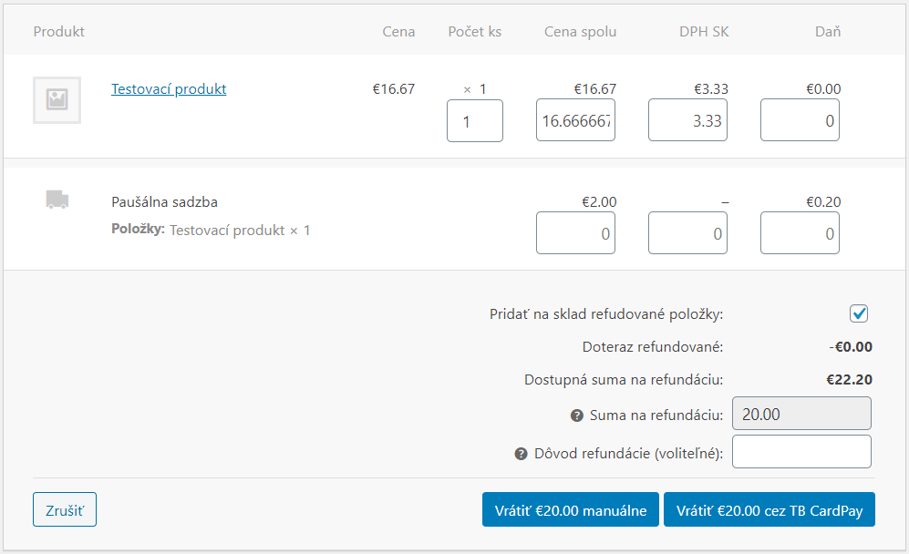 plugin TB CardPay - refundácia