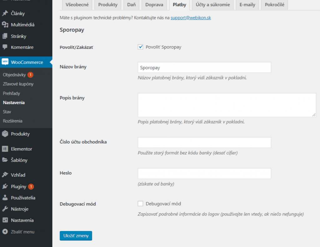 Sporopay plugin - nastavenia