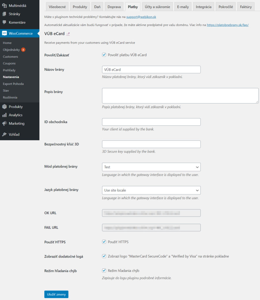 VÚB eCard plugin - nastavenia
