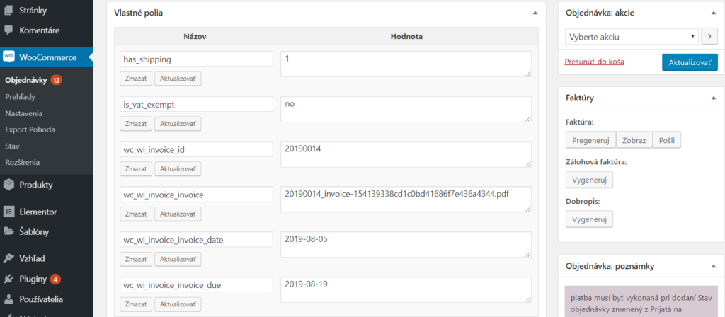 WooCommerce faktúry - detail objednávky