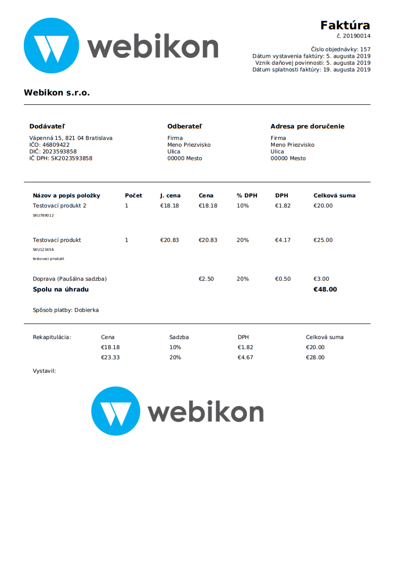 WooCommerce faktúry - ukážka vytvorenej faktúry