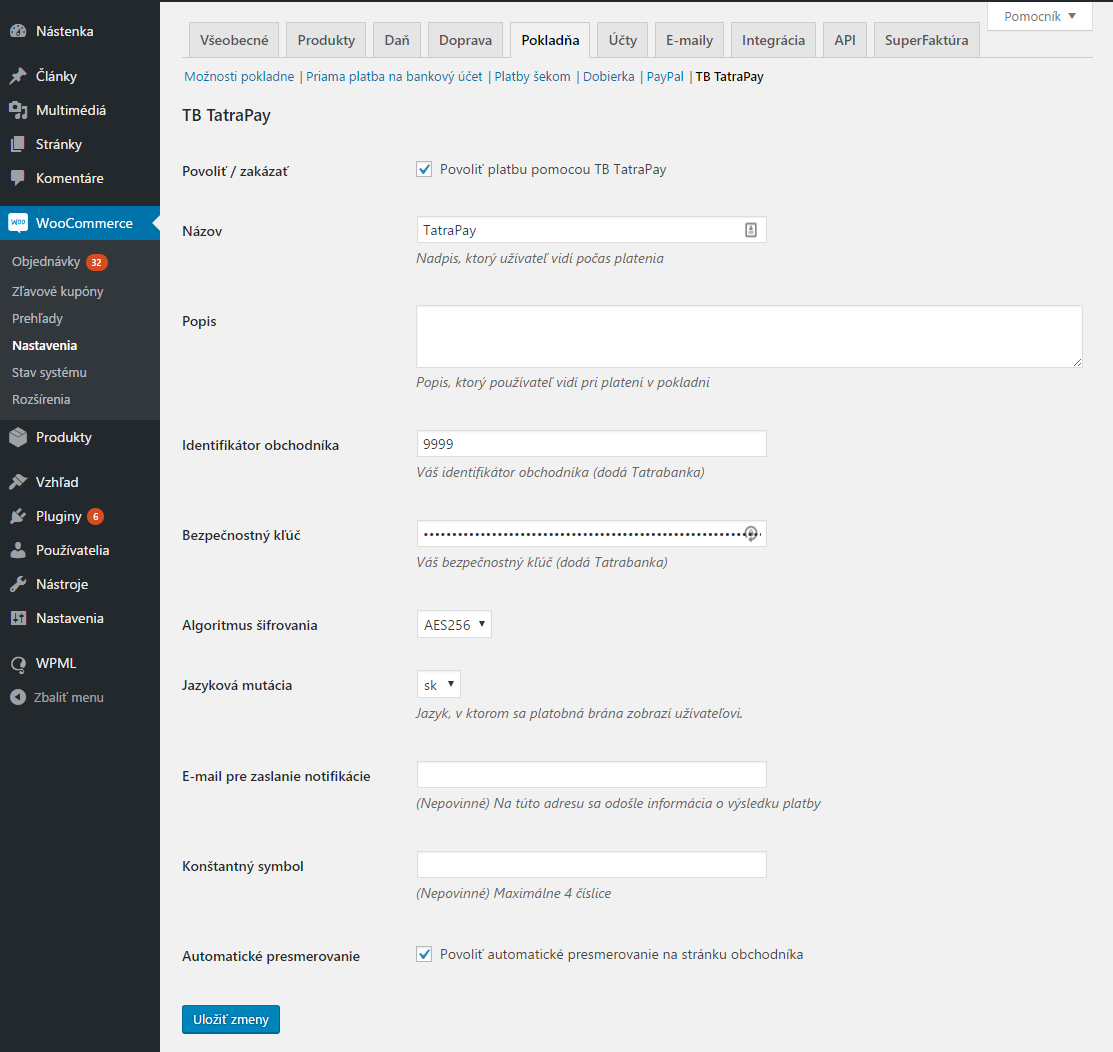 TB TatraPay plugin - nastavenie