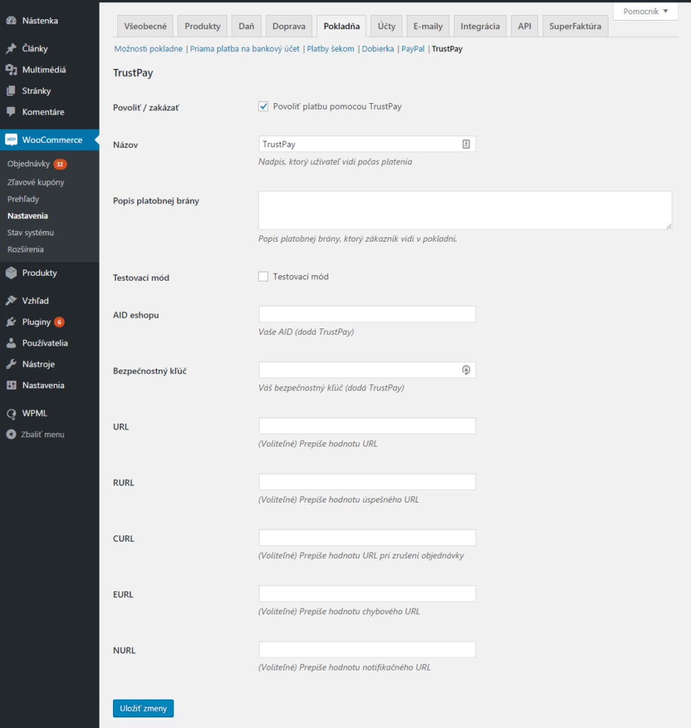 TrustPay plugin - nastavenie