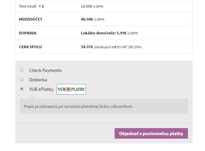 VUB ePlatby plugin - zobrazenie v e-shope