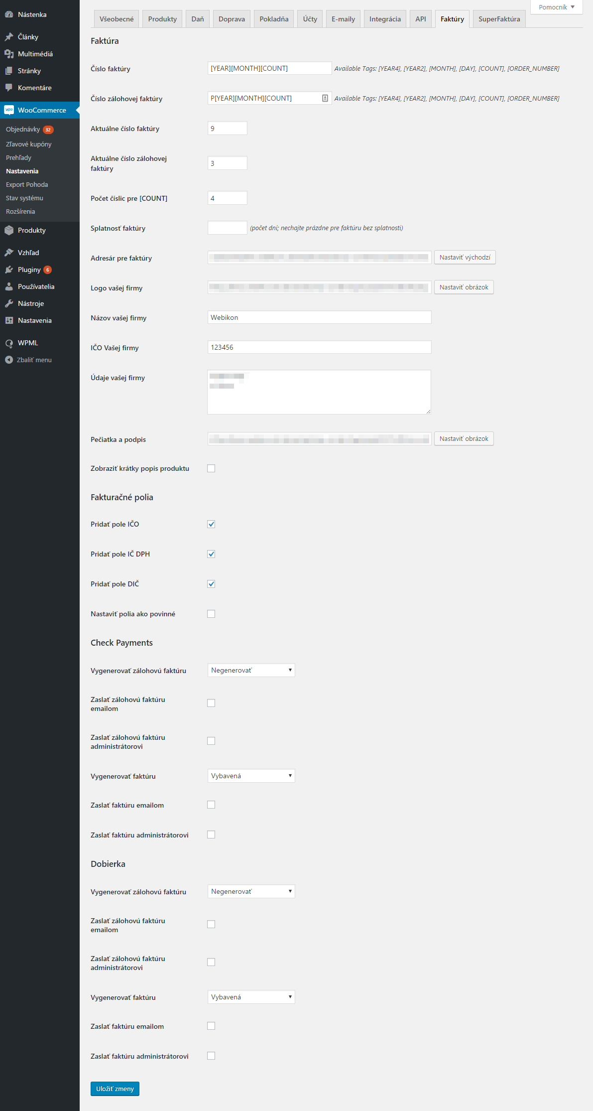 WooCommerce faktúry - nastavenia