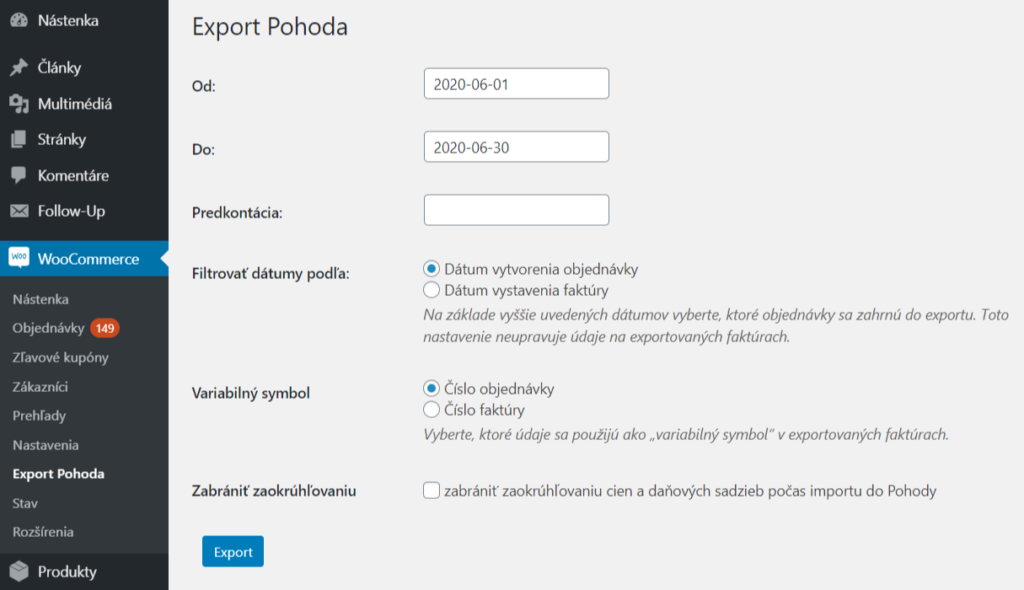 WooCommerce Faktúry plugin - export Pohoda