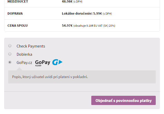 GoPay plugin - zobrazenie v e-shope