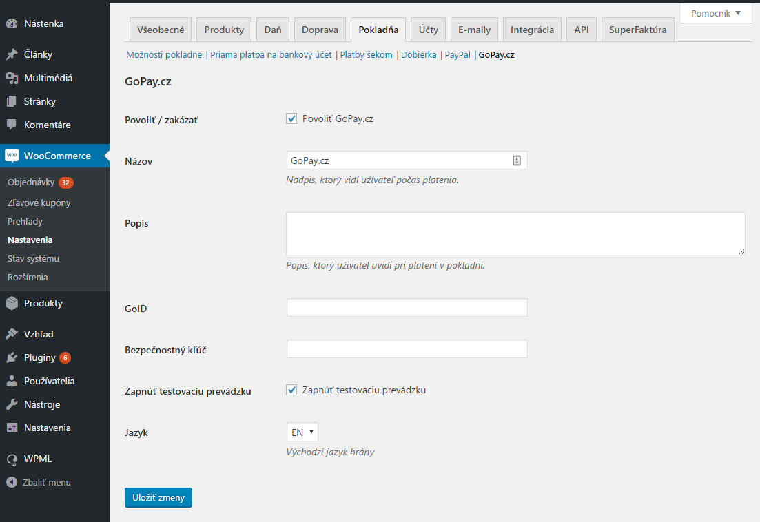 GoPay plugin - nastavenie