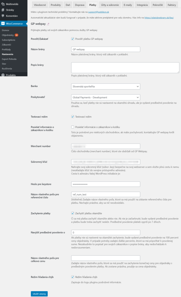 GP Webpay plugin - nastavenia