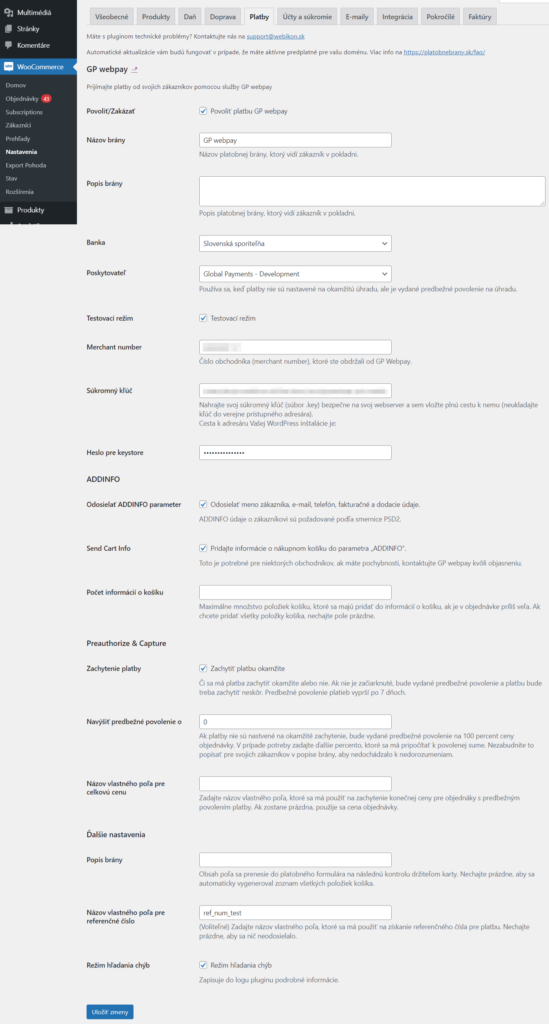 GP Webpay plugin - nastavenia