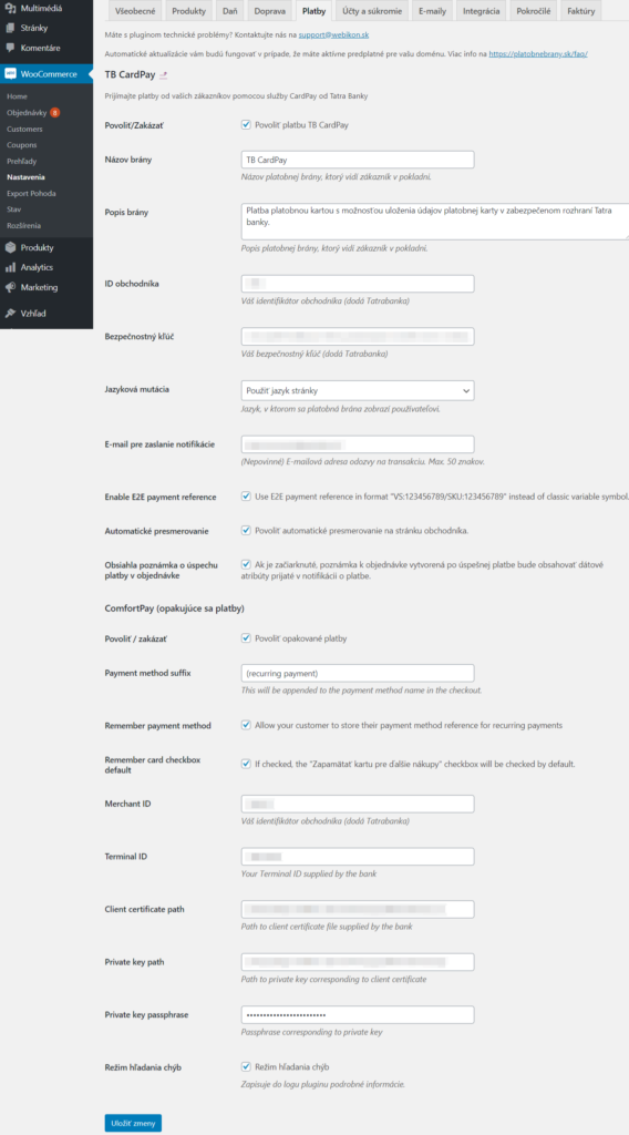 ComfortPay plugin - nastavenia