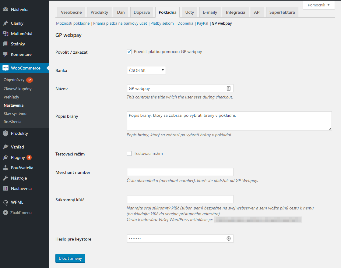 GP webpay plugin - nastavenie