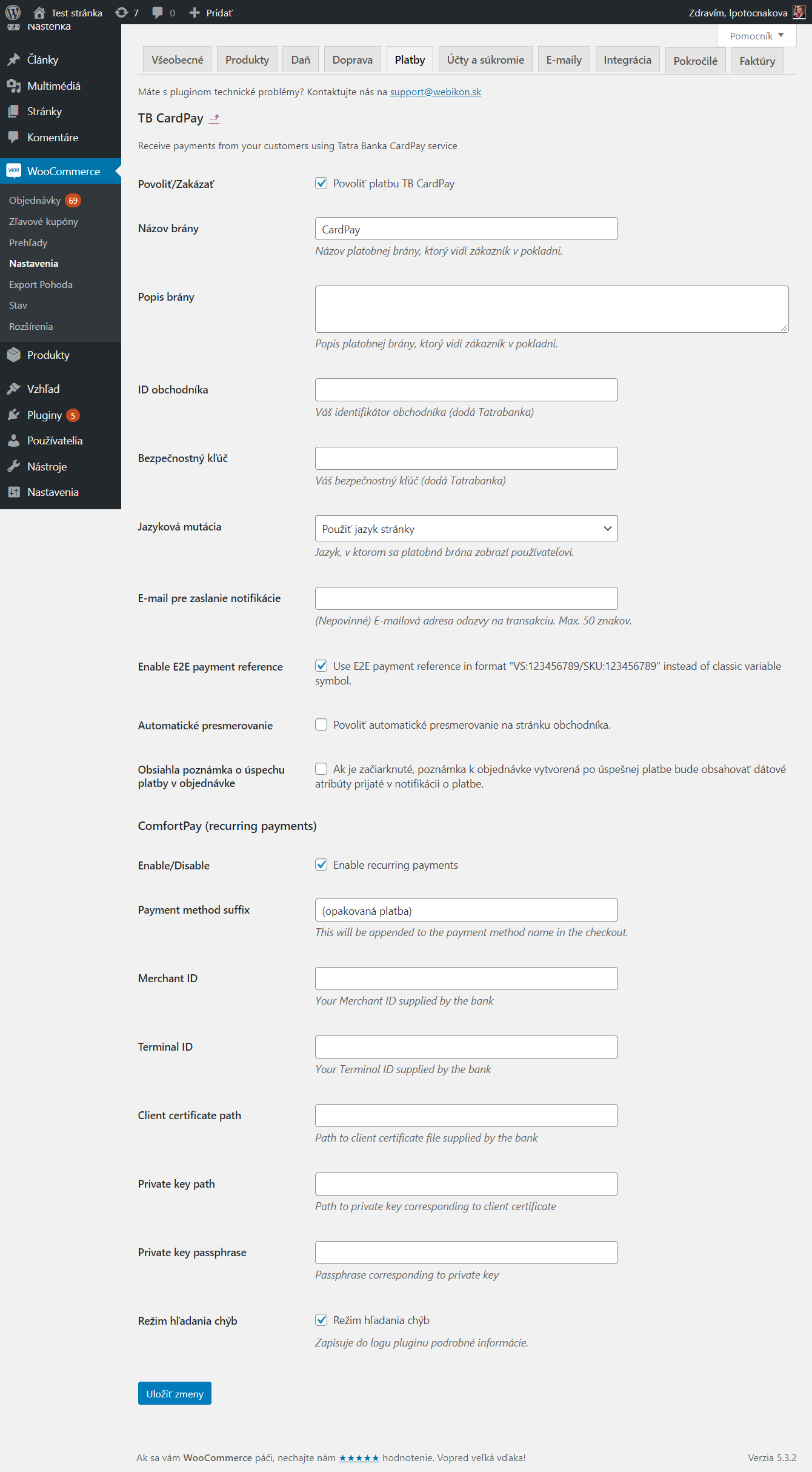 plugin TB ComfortPay - nastavenia