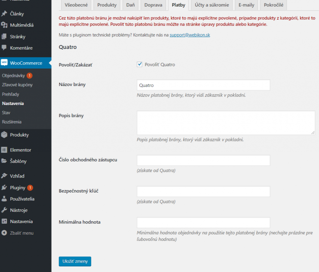 Quatro plugin - nastavenie