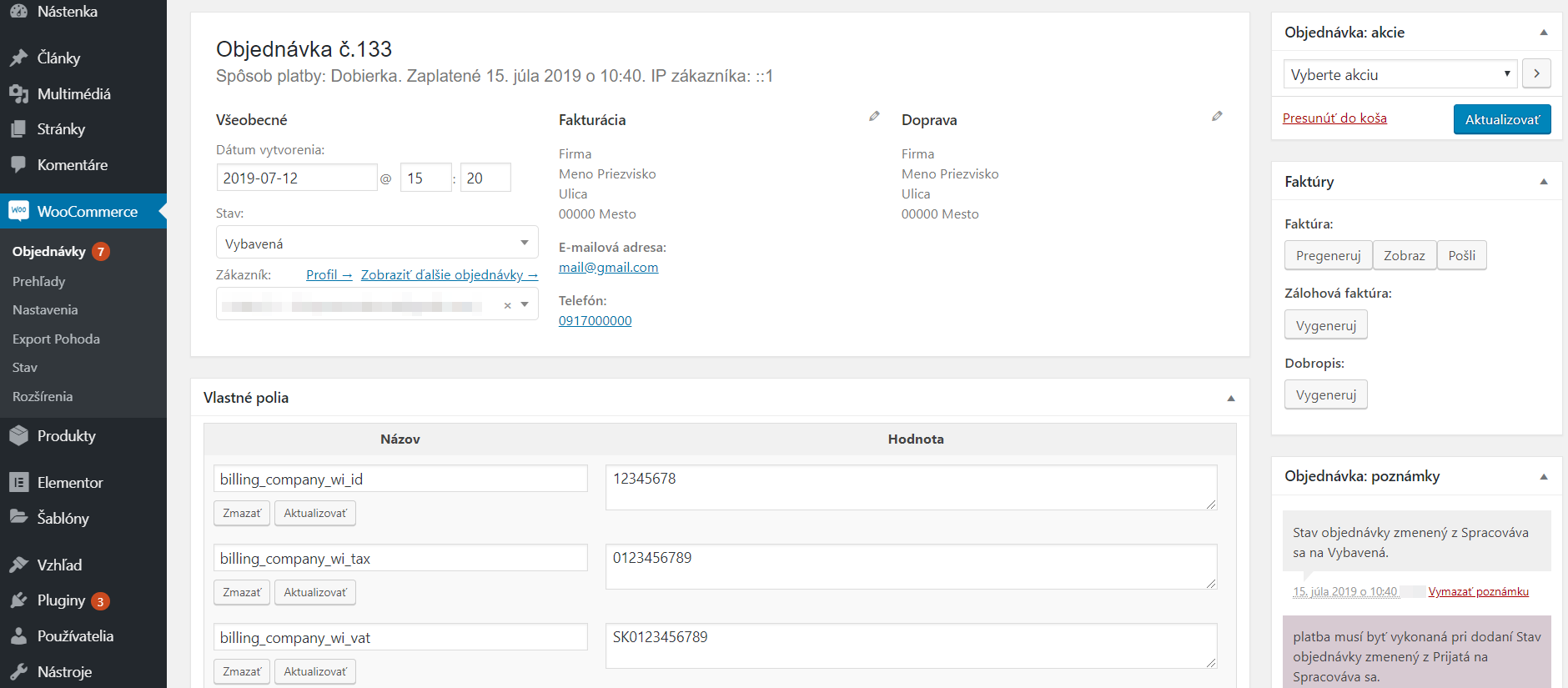 Kontrola IČ DPH plugin - detail objednávky