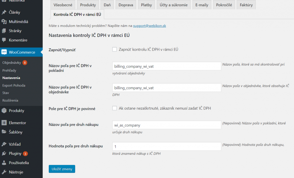 Kontrola IČ DPH plugin - nastavenia