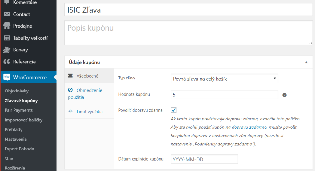 ISIC discount plugin - nastavenia kupónu