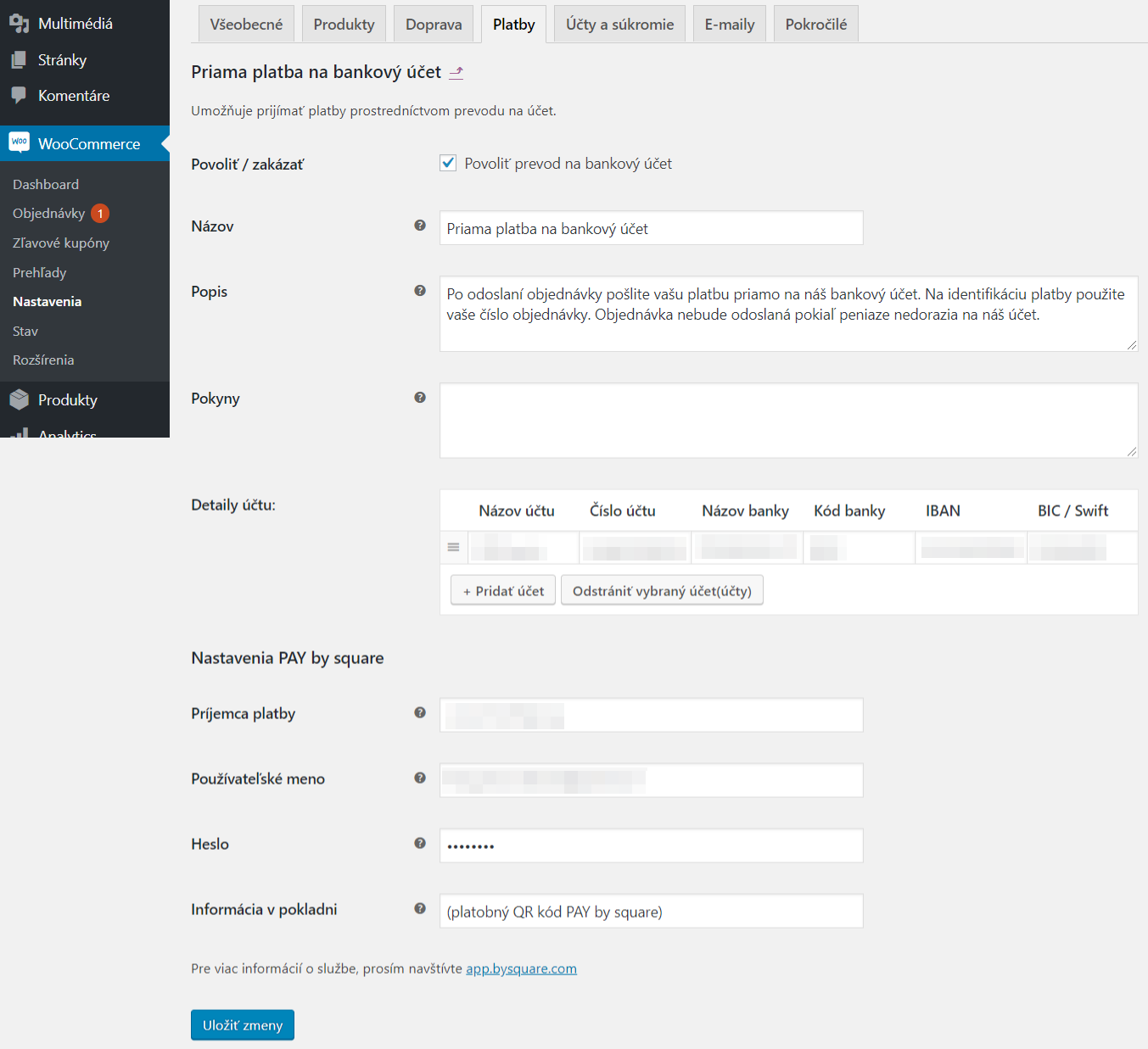 Pay by Square plugin - nastavenia