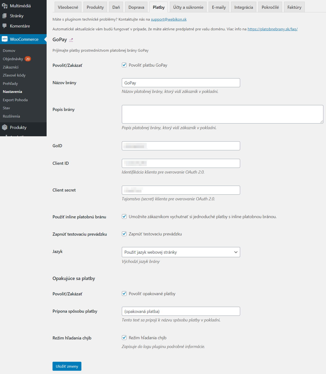 GoPay recurring plugin - nastavenia