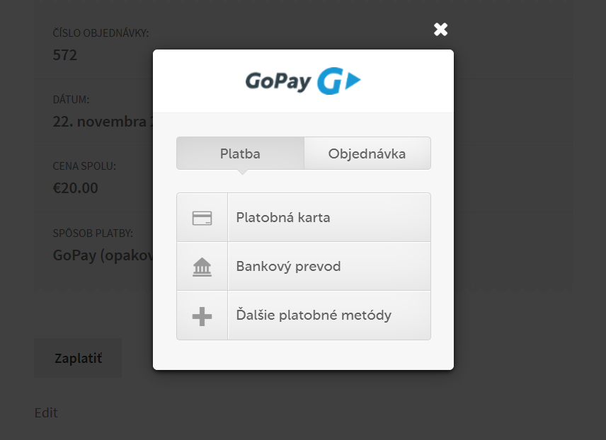 GoPay recurring plugin - rozhranie inline platby