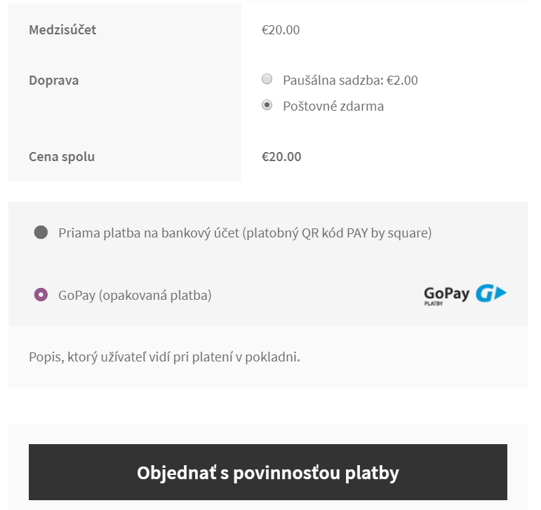 GoPay recurring plugin - zobrazenie v pokladni